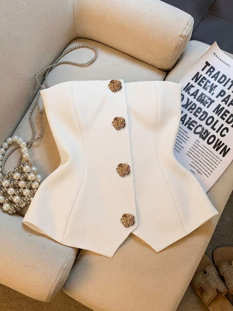 Franclia Women's Elegant Floral Button Decor Camisole Top, Summer - White - View 1