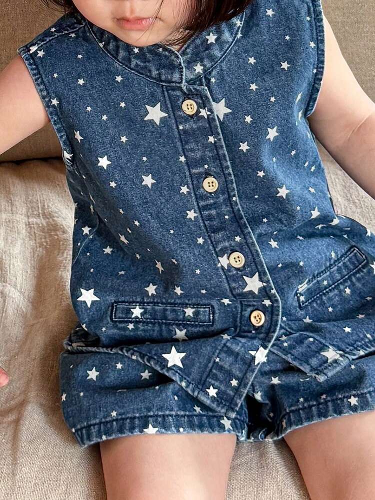 Young Girl 5-Pointed Star Pattern Single-Breasted Vest And Denim Shorts Set