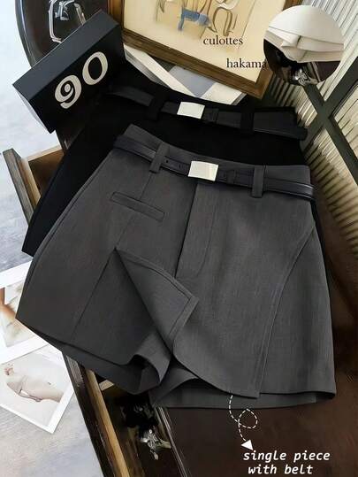 SHEIN Franclia Women's French Minimalist Style, Woven Gray, Belted Culottes, Elegant Women's Shorts, Summer Women's Shorts, Summer Outfits, Beach Outfits, Beach Shorts, Outdoor Shorts, Women's Vacation Outfits, Vacation Shorts, Women's Casual Shorts, New Summer Women's Shorts.Graduation Season Attire, Fashionable Casual Commuter Wear, Business Office Wear, Versatile And Stylish Everyday Casual Wear, Urban Teacher's Professional Attire