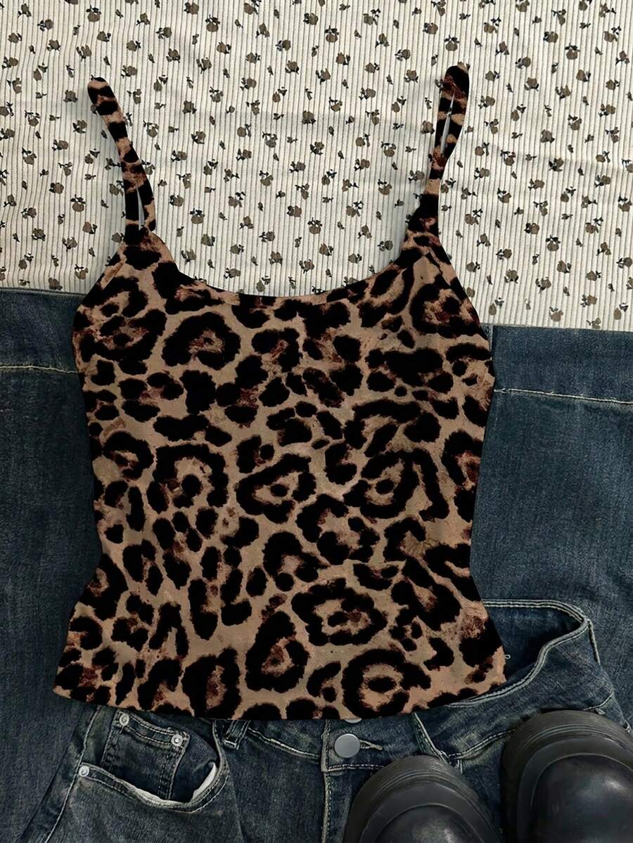 少女休闲简约复古豹纹印花，海滩度假，#Coconutgirl，吊带背心，贴身款，夏季上衣，舒适春夏装扮，上衣，休闲度假，Y2K Coconutgirl 波西米亚风度假春假早午餐必备浅蓝色女孩之旅，舒适春夏装扮，轻松舒适，豹纹上衣，少女服装，豹纹印花，猎豹纹印花 - 彩色 - 查看 1