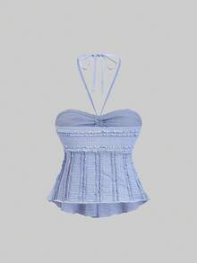Sweetra Lace Trim Drawstring Splice Strapless Camisole Top For Women - Baby Blue - View 2