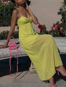 Aloruh 女士性感纯色露背吊带连衣裙，夏季 - 綠色 - 查看 9