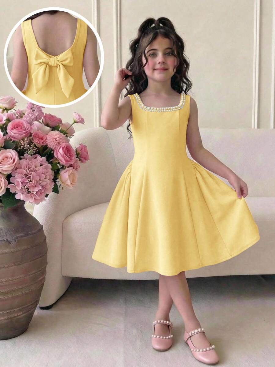 SHEIN Tween Girls' Elegant Beaded Square Neck Yellow Patchwork A-Line Dress With Bow Back - Yellow - View 1