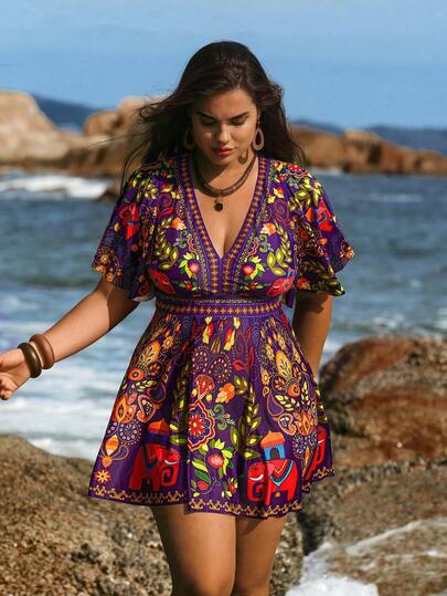 Swim Lushoire Plus Size Women 2pcs Retro Print Swimwear, Modest High Waist Triangle Bottoms With Ruffle Trim Tankini Top, Casual Vacation Daily Wear