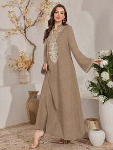 Al Najma Stand Collar Embroidered Floral Decor Dress, Elegant Style - Brown - View 3
