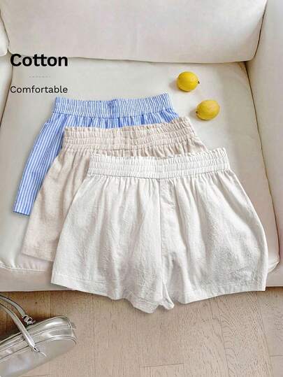 SHEIN LUNE 3 قطع مجموعة شورت كاجوال مرن الخصر للنساء، شورت قطن أبيض، شورت كتان لون المشمش، شورت مخطط أزرق وأبيض، قماش مريح للارتداء اليومي الكاجوال، للربيع والصيف