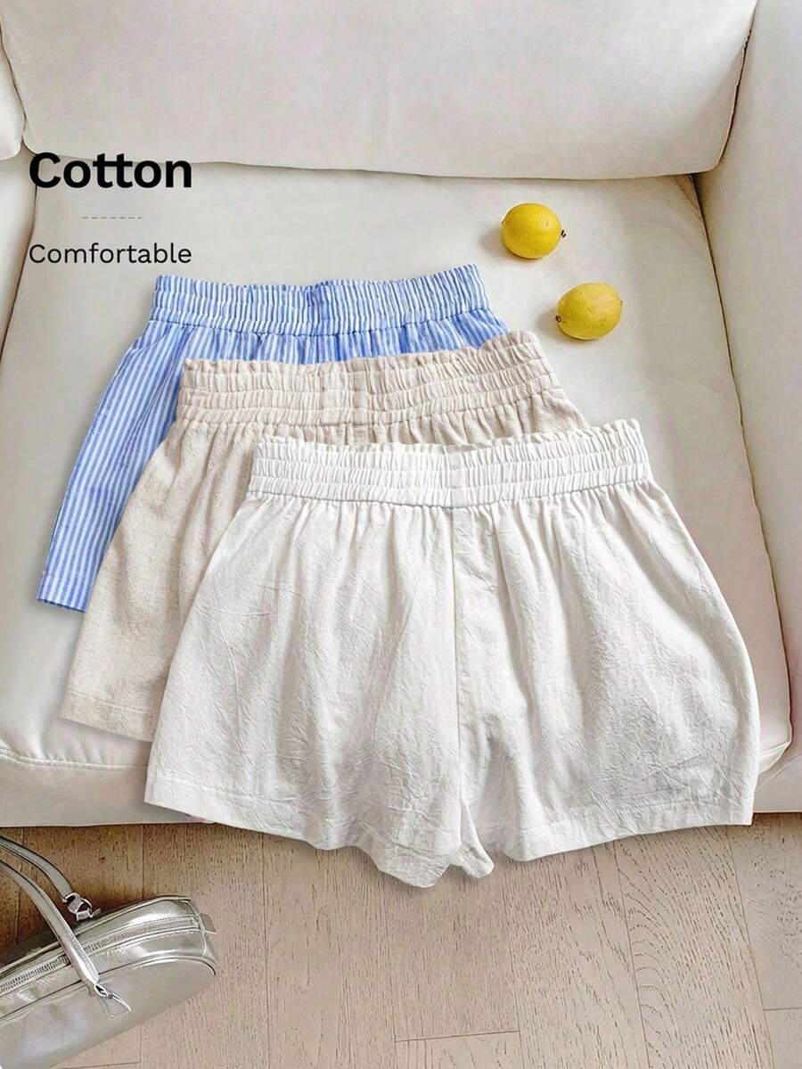 SHEIN LUNE 女士休闲弹力腰短裤三件套，白色棉质短裤、杏色亚麻短裤、蓝白条纹短裤，舒适面料，适合日常休闲穿着，春夏款 - 藍白色 - 查看 1