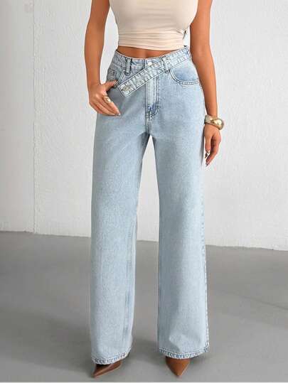 SHEIN Blugi evazați drepți, din bumbac, cu talie înaltă, cu aspect de curea, din denim