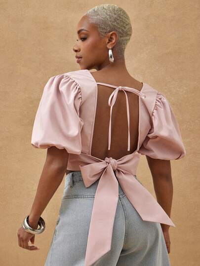 Vixey Solid Twill Quarter Length Petal Sleeve Self Tie Open Back Blouse