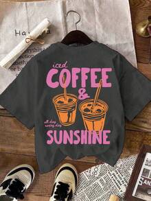 EMERY ROSE 冰咖啡和阳光T恤，冰咖啡T恤，咖啡爱好者礼物，夏季T恤，夏日氛围T恤，咖啡T恤 - 深灰色 - 查看 2