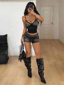 Coolane 女士春季街头风锐舞派对嬉皮音乐节复古Y2K哥特朋克宣言款黑色吊带背心，饰有厚重铆钉和亮片，修身剪裁。 - 黑色 - 查看 5