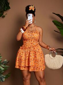 Maweii Plus Size Women Ditsy Floral Ruffle Halter Dress, Vacation - Multicolor - View 7