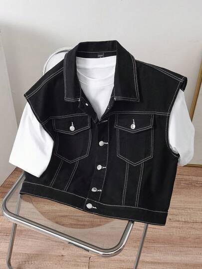 Manfinity Joysei Áo khoác nam dáng đứng, phong cách đường phố, thiết kế đường nét tinh tế, màu đen bạc.