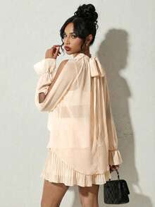 SHEIN Glamour French Romantic Fairy-Like Style, Loose Batwing Shoulder + Cropped Waist Design Cover Up, Flattering Shoulder Area While Adding Subtle Sexiness Through Exposed Midriff, Multi-Layer Ruffle Skirt Design Elongates Leg Lines, Women's 2-Piece Set Suitable For Casual, Daily, Commuting, Hanging Out With Friends - Apricot - View 2
