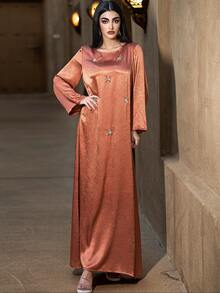 Layrah Orange Handmade Beaded Maxi Dress With Headscarf Butterfly Abaya Satin Dress For Evening Party - Coral Orange - View 9