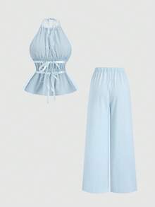 Sweetra Bộ đồ 2 mảnh kiểu Pháp thoải mái, màu trơn, buộc dây eo, ống rộng, thời trang dành cho nữ. - Màu xanh lam - Xem 2