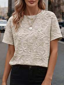 EMERY ROSE Áo thun nữ cỡ lớn in họa tiết hoa giả, cổ tròn, tay ngắn, thoải mái, phù hợp mặc hàng ngày. - Màu be - Xem 3