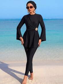 Swim Mulvari Bộ đồ bơi Burkini tay dài dáng xòe màu trơn dành cho nữ, trang trí vỏ sò vàng. - màu đen - Xem 1