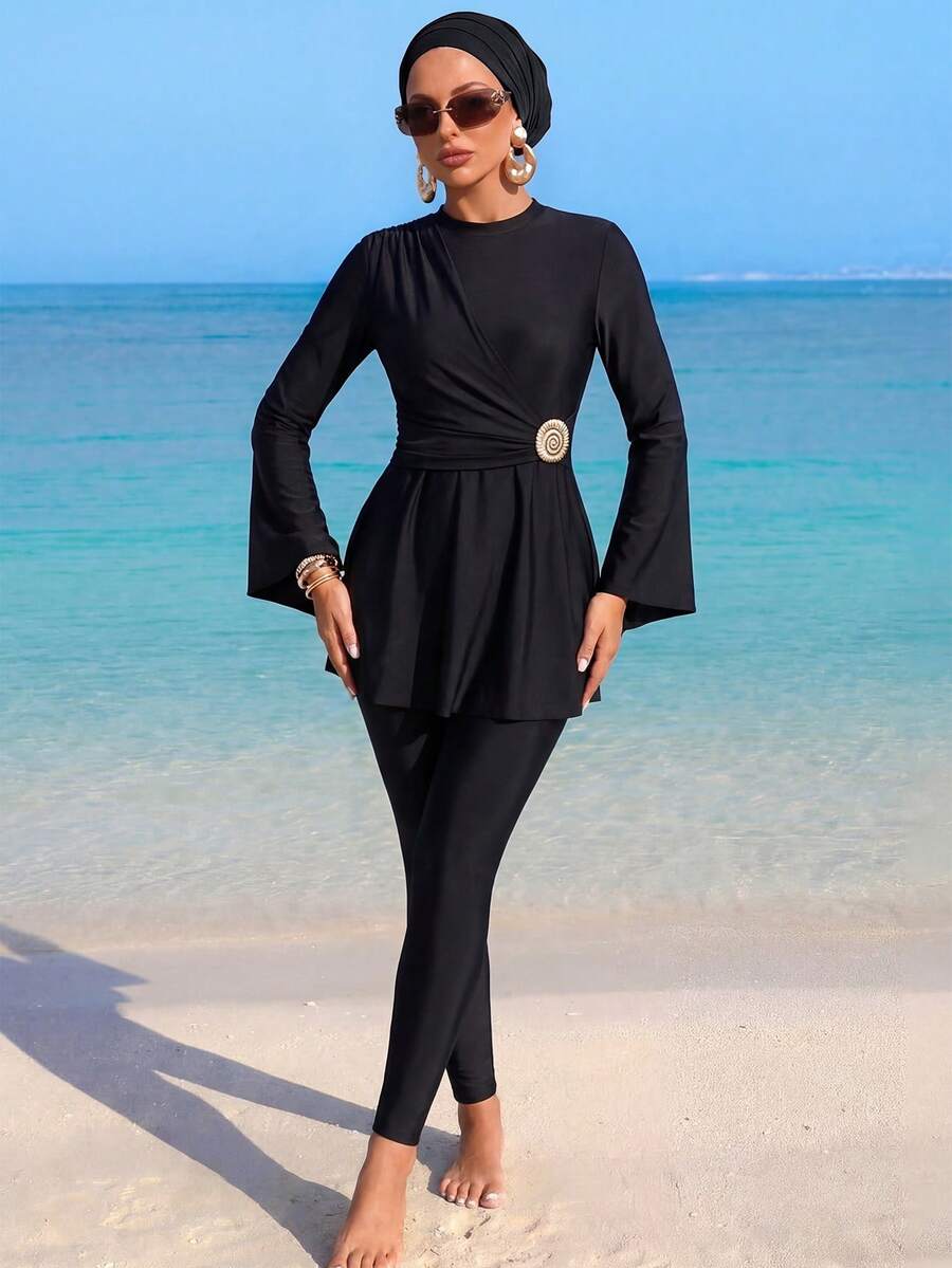 Swim Mulvari Bộ đồ bơi Burkini tay dài dáng xòe màu trơn dành cho nữ, trang trí vỏ sò vàng. - màu đen - Xem 1