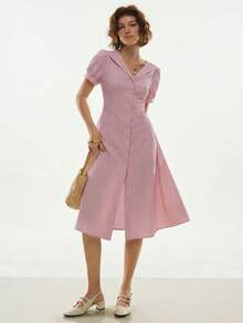 Poéselle Đầm midi nữ kẻ sọc cài một hàng khuy, thích hợp cho các buổi tiệc thường ngày. - Đỏ - Xem 2