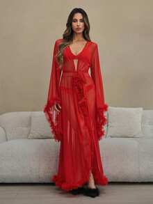 HautHeat Women's Solid Color Mesh Flare Sleeve Elegant Robe - Red - View 3