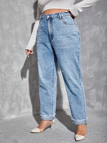 SHEIN Essnce 大码做旧水钻装饰牛仔裤 - 淺色水洗藍 - 查看 5