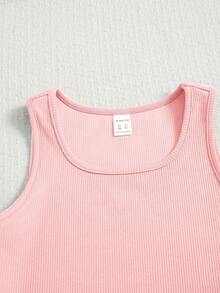 SHEIN Bộ áo tank top và quần short màu trơn cho bé gái tuổi teen, dễ thương và thoải mái. - Hồng - Xem 3