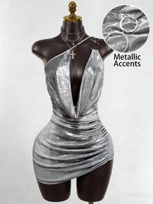 SaltGleam SaltGleam Vestido mini ajustado plisado con detalle de anillo redondo, moda de verano para mujer - Plateado - Ver 5