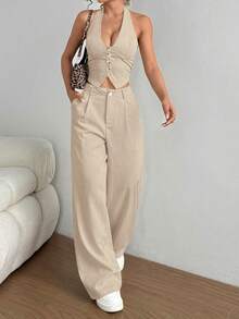 SHEIN PETITE Set de 2 piezas: Chaleco con cuello de halter y pantalones rectos de pierna casual - Champán - Ver 4