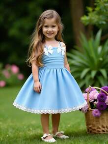 Elladie kids Toddler Girls Princess Dress, Blue Lace Ruffle Formal Gown With Bows For Birthday Wedding Flower Girl Pageant Photo Shoot Holiday Party - Blue - View 7