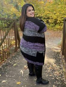 Enliva Plus Size Vacation Colorblock Dip Dye Striped Cardigan, For Winter Fall, For Apple & Rounded Body Shape - Multicolor - View 4