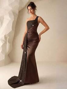 Coutiva Women's Sequin Sash Design Sleeveless Formal Evening Gown - Brown - View 4