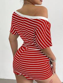 Flirla Plus Size Striped Off-Shoulder Sexy Top & Drawstring Casual Shorts Set For Women - Multicolor - View 2