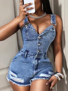 Slaydiva Quần yếm denim nữ kiểu dáng thường ngày, có túi và gấu quần rách. - Rửa nhẹ - Xem 7