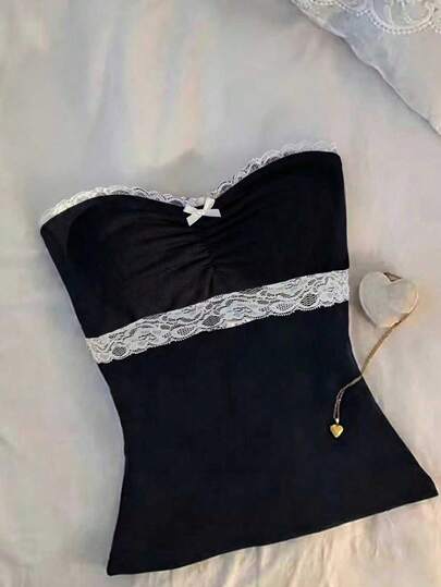 Glimmora Áo quây nữ phối ren, nơ, xếp ly