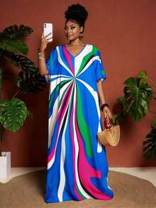 Maweii Gaun Pesta Kasual Wanita Ukuran Besar dengan Leher V dan Blok Warna - Royal Blue - View 1
