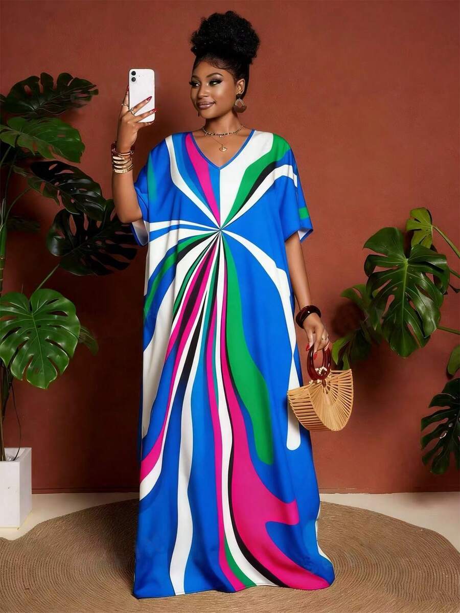 Maweii Gaun Pesta Kasual Wanita Ukuran Besar dengan Leher V dan Blok Warna - Royal Blue - View 1