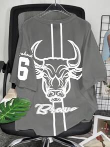 Manfinity LEGND Áo thun nam tay ngắn cổ tròn in hình bò tót, kiểu dáng rộng rãi, thoải mái. - Xám - Xem 2