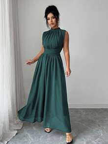 Elenzga Vestido Longo Feminino de Verão/Primavera, Estilo Francês Romântico da Sicília, Elegante e Casual, Ideal para Passeio, Férias, Chá da Tarde, Cor Sólida em Chiffon, Gola Alta, Solto, Amarração Cruzada na Cintura, Linha A, Laço, Sem Mangas, Forrado - Verde Escuro - Visão 3