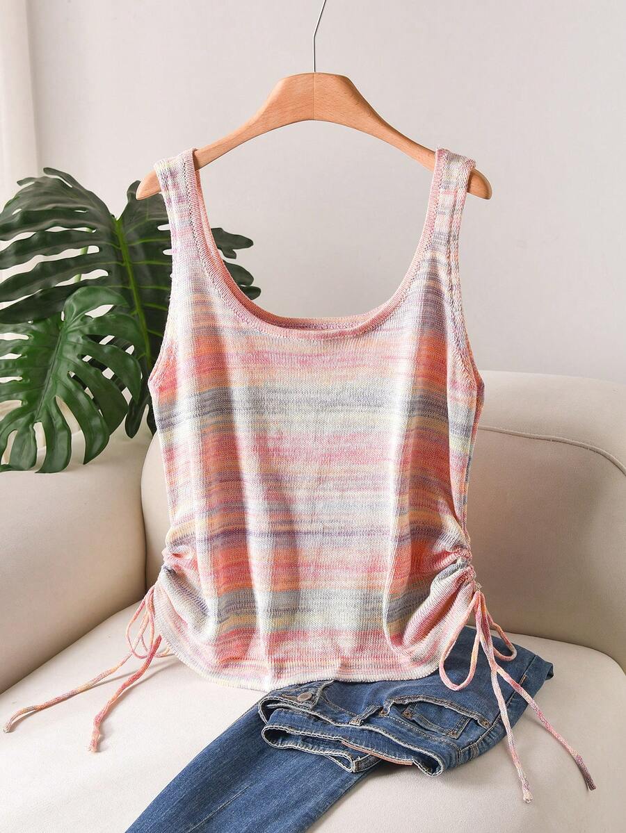 CosyJoli Blusa de punto sin mangas con cordón lateral a rayas de colores, talla grande, para verano - Multicolor - Ver 1
