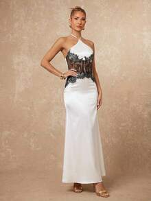 Lumalex 女士优雅性感撞色蕾丝拼接露背连衣裙 - 象牙白色 - 查看 15