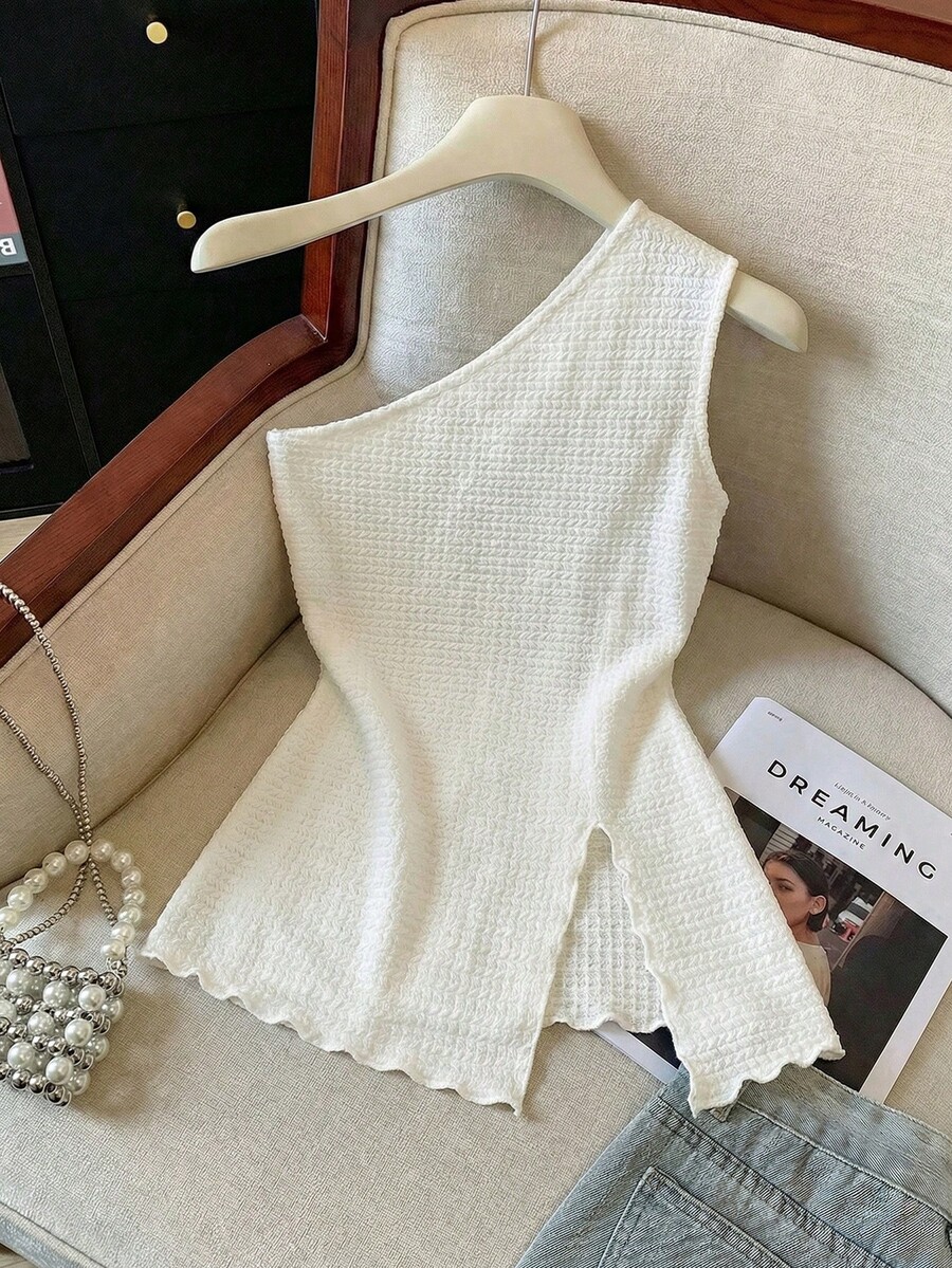 GlowEve 女士纯色纹理侧开衩下摆无袖时尚背心 - 杏色 - 查看 1