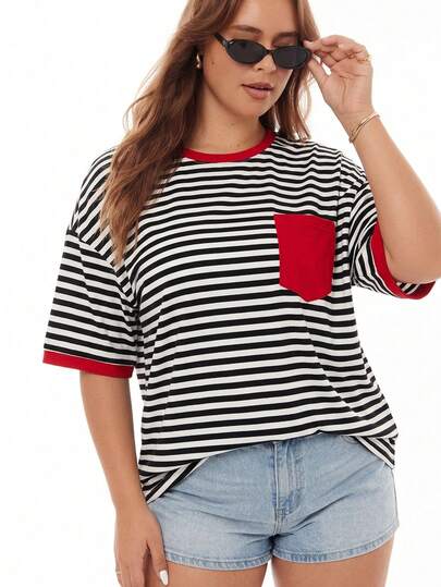 Solavibe Valentine's Day,Plus Size Women's Striped Sports Jersey T-Shirt With Pocket, Perfect For Summer, Fall, Back-To-School, Outdoor Activities, Indoor Leisure, Sports Events