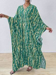 SHEIN Clasi 女士条纹蝙蝠袖V领开衩长款衬衫罩衫连衣裙长款女装 - 水藍色 - 查看 4