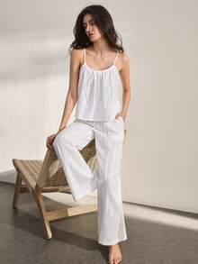Ocili Quần dài rộng rãi, thoải mái, kiểu bohemian, chất liệu cotton mềm mại, có dây rút, thích hợp cho mùa thu. Bộ đồ ngủ nữ mùa thu thoải mái và thanh lịch này có dây rút. - trắng - Xem 6