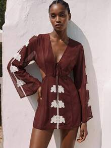 Maija Kimono de manga larga con estampado floral y nudo delantero, adecuado para vacaciones - Óxido marrón - Ver 3