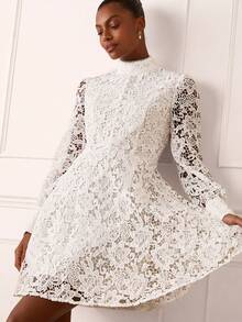 Lilora Vestido Elegante de Manga Longa com Renda Vazada e Cor Sólida para Mulheres - Damasco - Visão 6