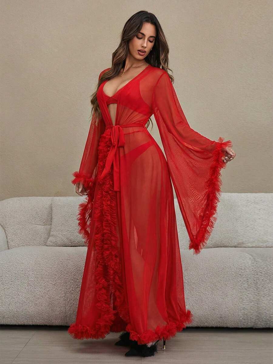 HautHeat Women's Solid Color Mesh Flare Sleeve Elegant Robe - Red - View 1