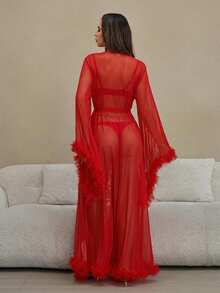HautHeat Women's Solid Color Mesh Flare Sleeve Elegant Robe - Red - View 2