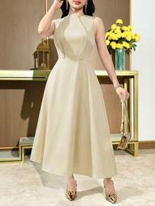 Feyla Women's Solid Color Elegant Waist Cinched Midi Party Office Dress Teachers' Day Beige Summer - Apricot - View 3